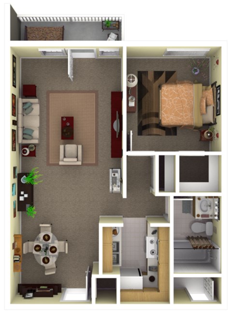 Floor plan for 1 bed, 1 bath, 750 sqft